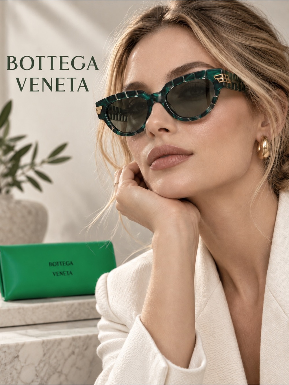 NEW Bottega Veneta BV1035S Green Cat Eye Sunglasses 55-19-145 w/ Case